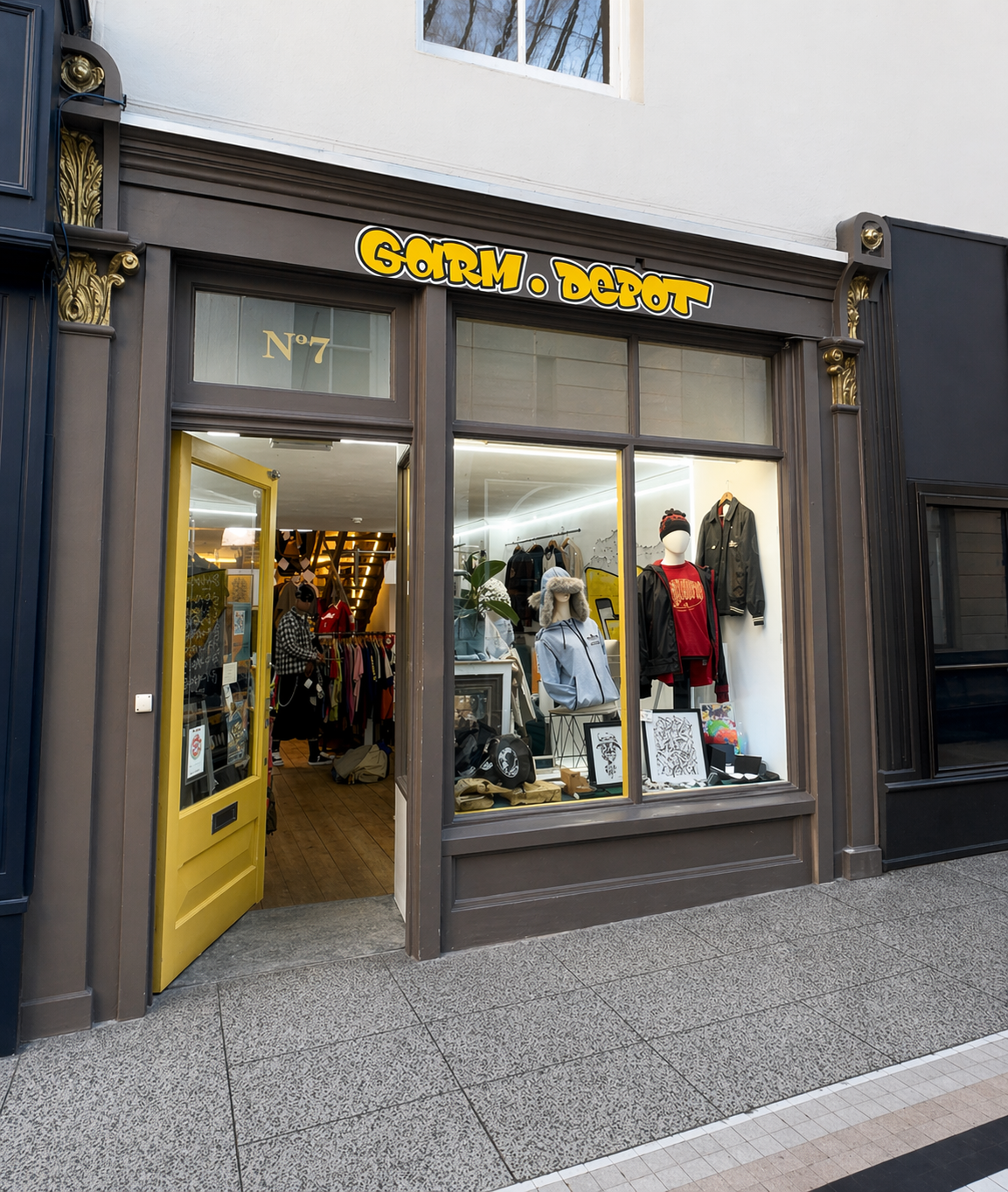 Garm Depot shopfront — yellow door, No.7 The Arcade, Bournemouth